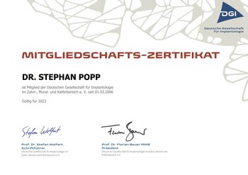 DGI Mitgliedschaft Zahnarzt Dr. Popp 2023 verlängert
