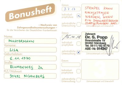 Bonusheft Zahnarzt Zahnersatz