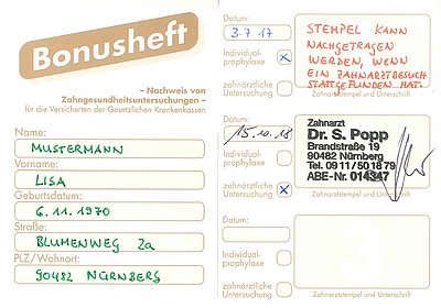 Bonusheft Zahnarzt Zahnersatz