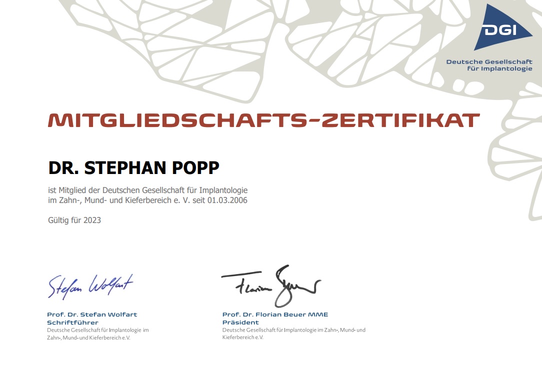 DGI Mitgliedschaft Zahnarzt Dr. Popp 2023 verlängert