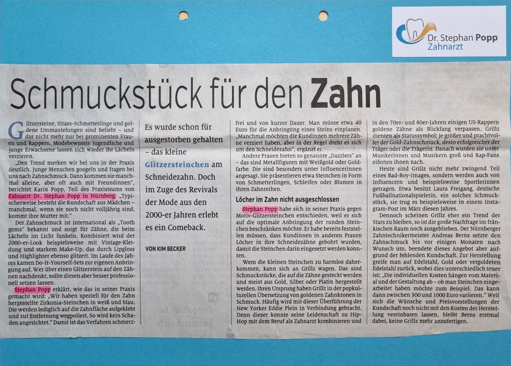 Zeitungsartikel Zahnschmuck Beilage Magazin am Wochenende Nürnberger Nachrichten 21./22.10.2023